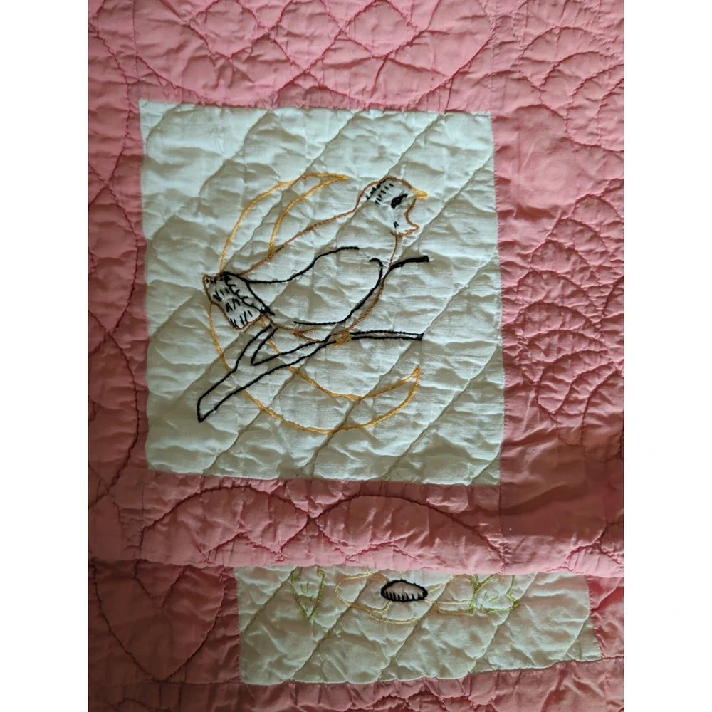 Vintage Handmade Pink & White Embroidered Patchwork Quilt w/Birds & Flowers.